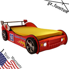 Twin Size Race Car-Shaped Wooden Platform Bed Frame w/Headboard Wheels for Kids