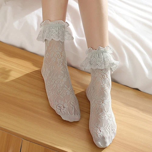 Women Girls Lace Ankle Socks Mesh Fishnet Frilly Ruffle Lolita Princess Socks - Picture 8 of 8