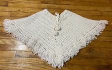 Vintage Crochet Poncho Shawl Girls Sz 3t With Poms Poms Tie Top Darling Handmade
