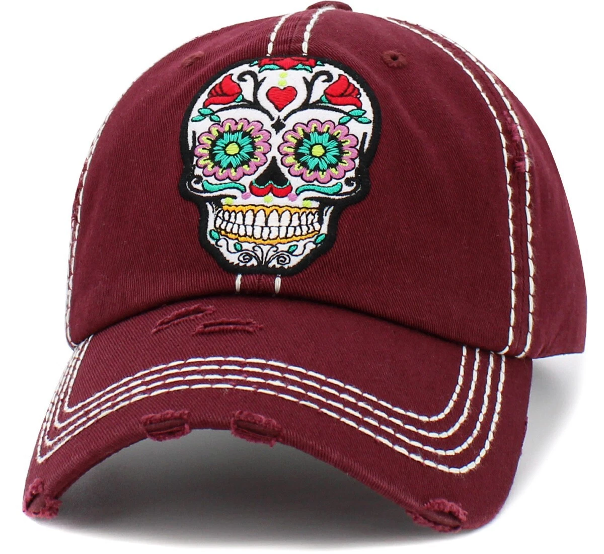 Day of the Dead Floral Sugar Skull Vintage Maroon Adjustable Women's Hat