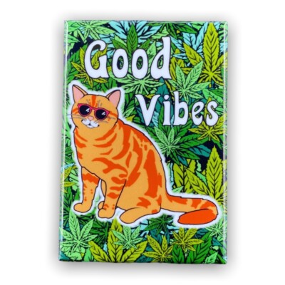 Funny Orange Cat Good Vibes Magnet 420 Stoner Gift Pet Portrait Art Decor 2x3''