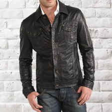 Neu Herren Weich Schwarz Lammleder Hemd Jacke...