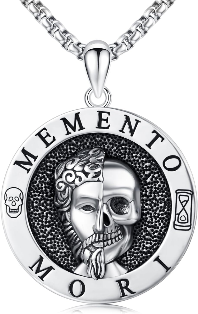 Memento Mori Necklace 925 Sterling Silver Skull Pendant Stoic Gift