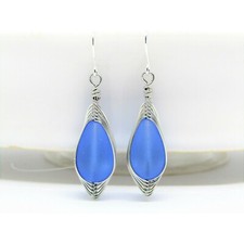Teardrop-Shaped Frosted Sea Glass Silver Ladies Dangle Earrings, Handmade