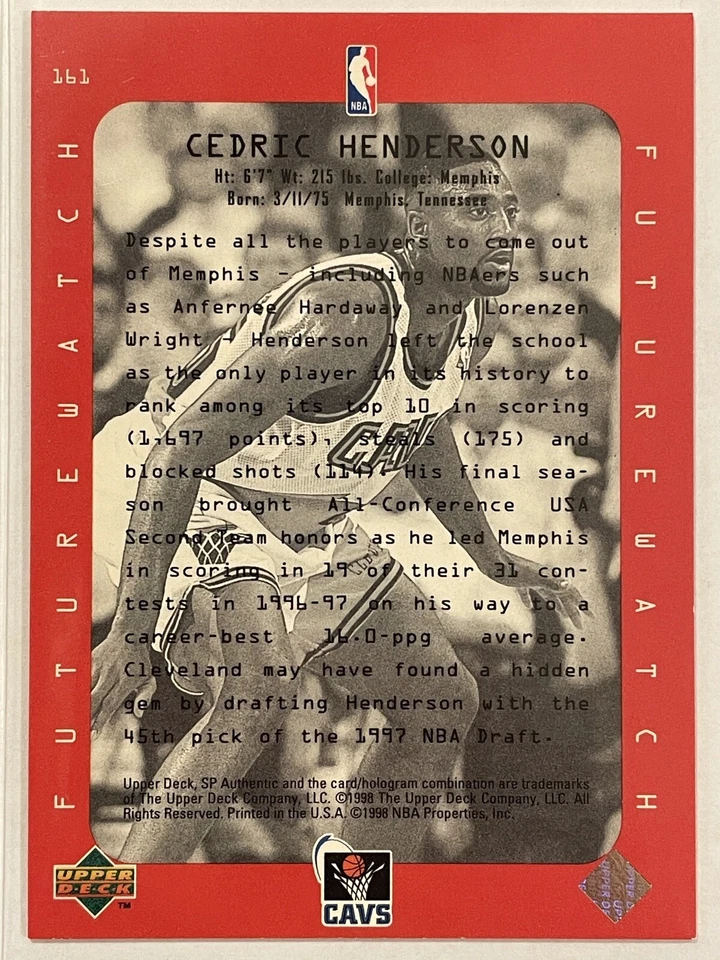 1997-98 SP Authentic Cedric Henderson Future Watch Rookie RC #161 Basketball - Image 2 of 2