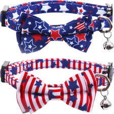 2 Pack American Flag Cat Collar with Bell Bow Tie Star Breakaway Adjustable for