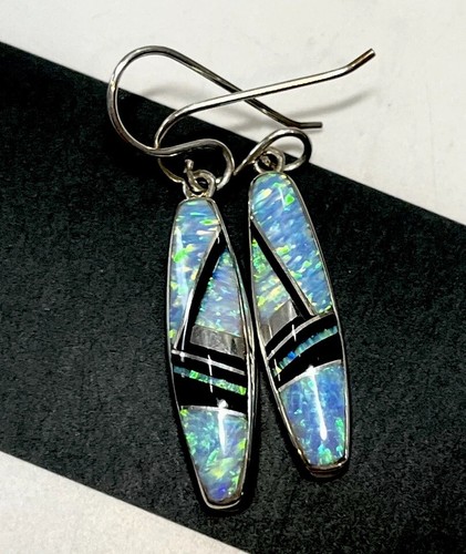 Opal And Onyx Inlay signed Sterling Silver Drop Dangle Southwestern Earrings - Picture 2 of 5