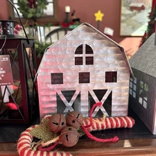 5 Piece Holiday/Xmas Decor for Home; Metal Barn/Church, Lantern, Candy & Star