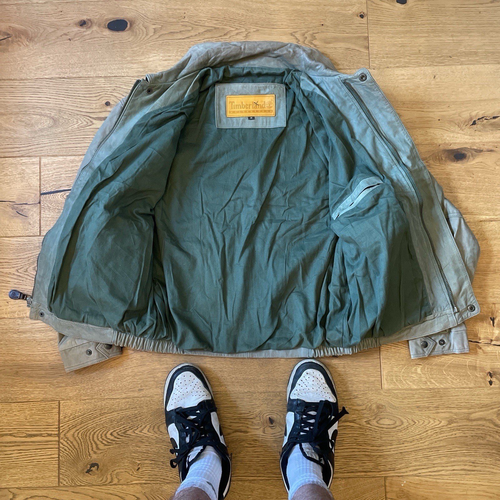 Vintage Timberland Weathergear Light Green Leather Bomber Jacket RARE Unique M image 5
