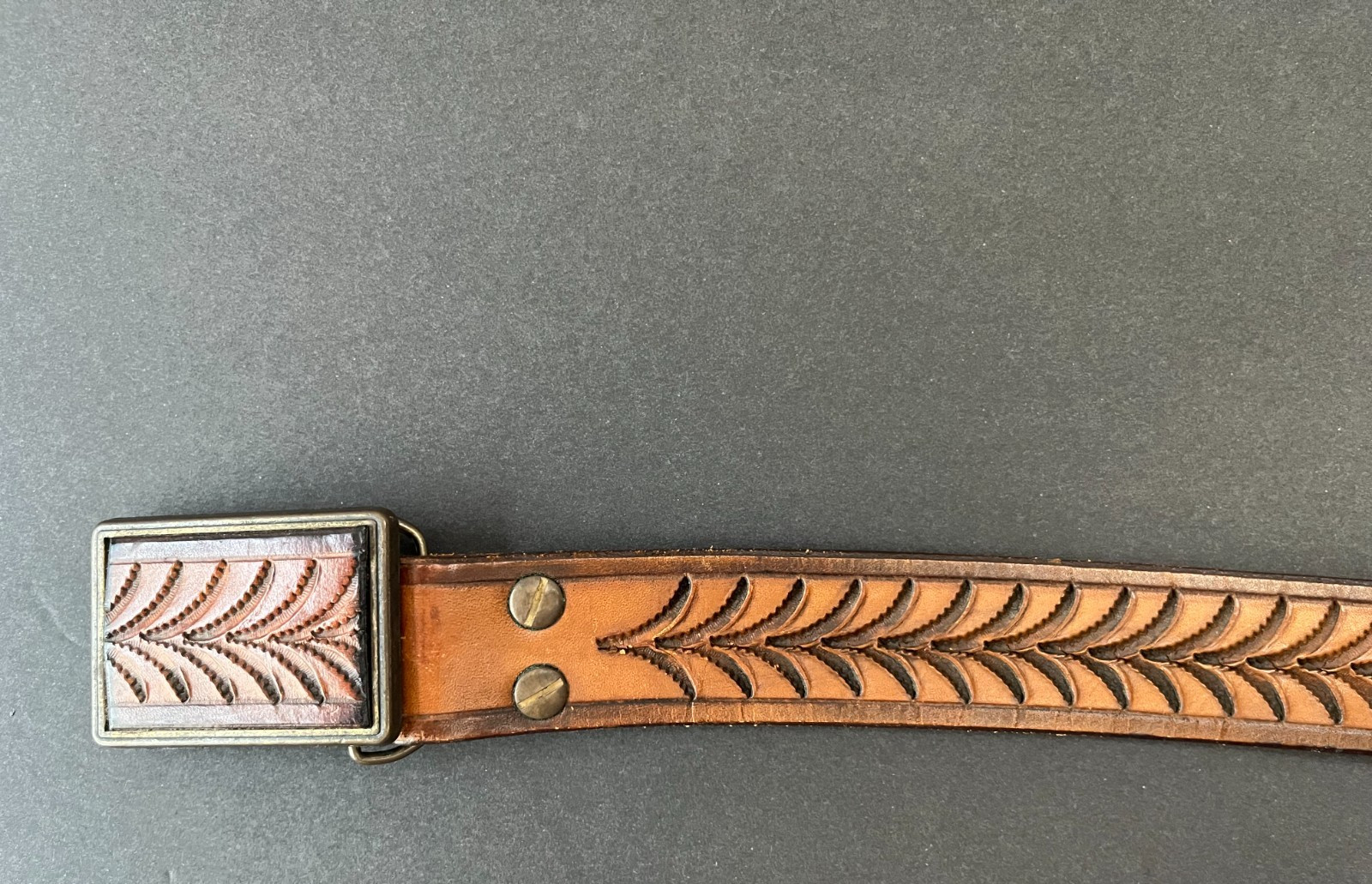 Leather Tooled Embossed Leaf Feather Pattern BELT… - image 3