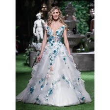 Princess 3DFloral Appliques Wedding Dress Light Blue Lace Sheer Neck Tulle Gowns