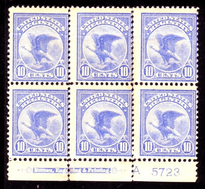 #F1 REGISTRY STAMP.  BOTTOM PB OF 6.  VERY GOOD 4.  NEVER HINGED OG.  SCV $2500