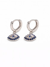 Silver Evil Eye Huggie Hoop Earrings with Blue and Clear Zirconia Stones