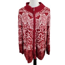 Bob Mackie Wearable Art Womens 3X Full Zip Cardigan Sweater Red Floral Pattern