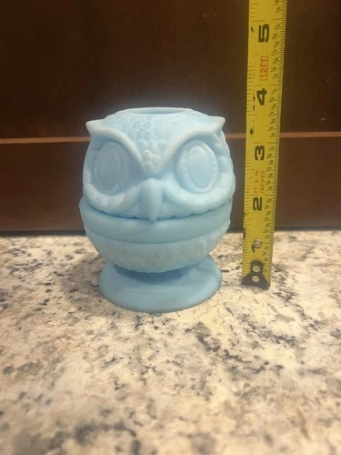 Fenton Blue Satin Glass Owl Fairy Lamp Vintage Candle Holder Art Glass 4”