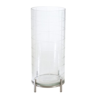 12'' Silver and Clear Iron and Glass Geometric Tabletop Hurricane Candle Holder