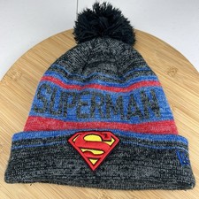 Superman Beanie Hat Cap Adult OSFM New Era Gray Knit Red Cuff Pom Embroidered