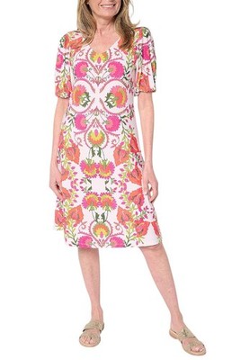 Susan Graver Women's Liquid Knit Puff Sleeve V-Neck Dress Cream/Berry