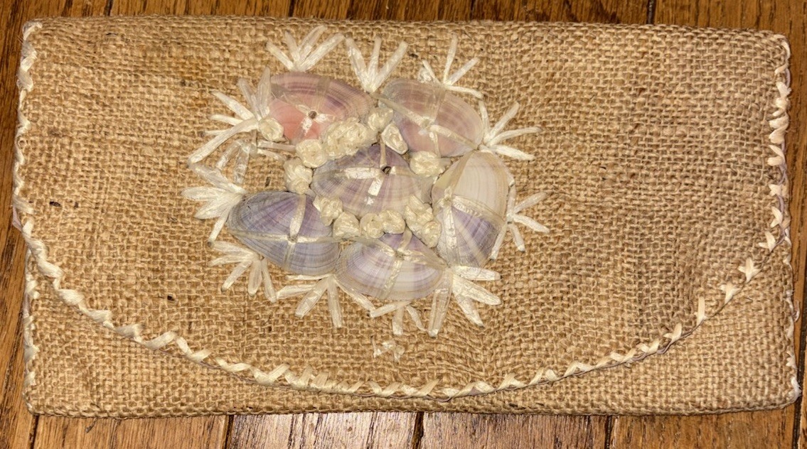 Vintage Handmade Sea Grass Clutch Purse Sea Shell embelished. Snap Closure.