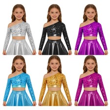 Kids Girls Crop Top Tee Shirts Cheerleading Costume Athletic Party One Shoulder