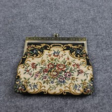 Vintage Floral Tapestry Coin Purse Womens Black Frame Bag Needlepoint Retro