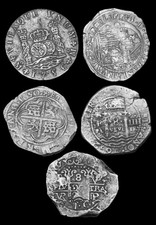 Spanish 8 Reales Coin Lot, Pirate Shipwreck Coins, Set of 5