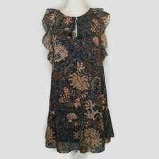 Madewell Dress Womens XXS  Ruffle Cap Sleeve Blue Tan Brown Print Sheath