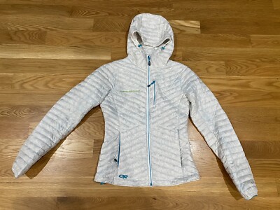 Outdoor Research Womens XS Hooded Down Insulated Puffer Jacket White Teal 