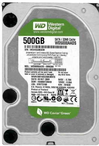 Disque Dur Western Digital Green WD5000AADS 500GB 7200T/min 32MB SATA II 3.5''