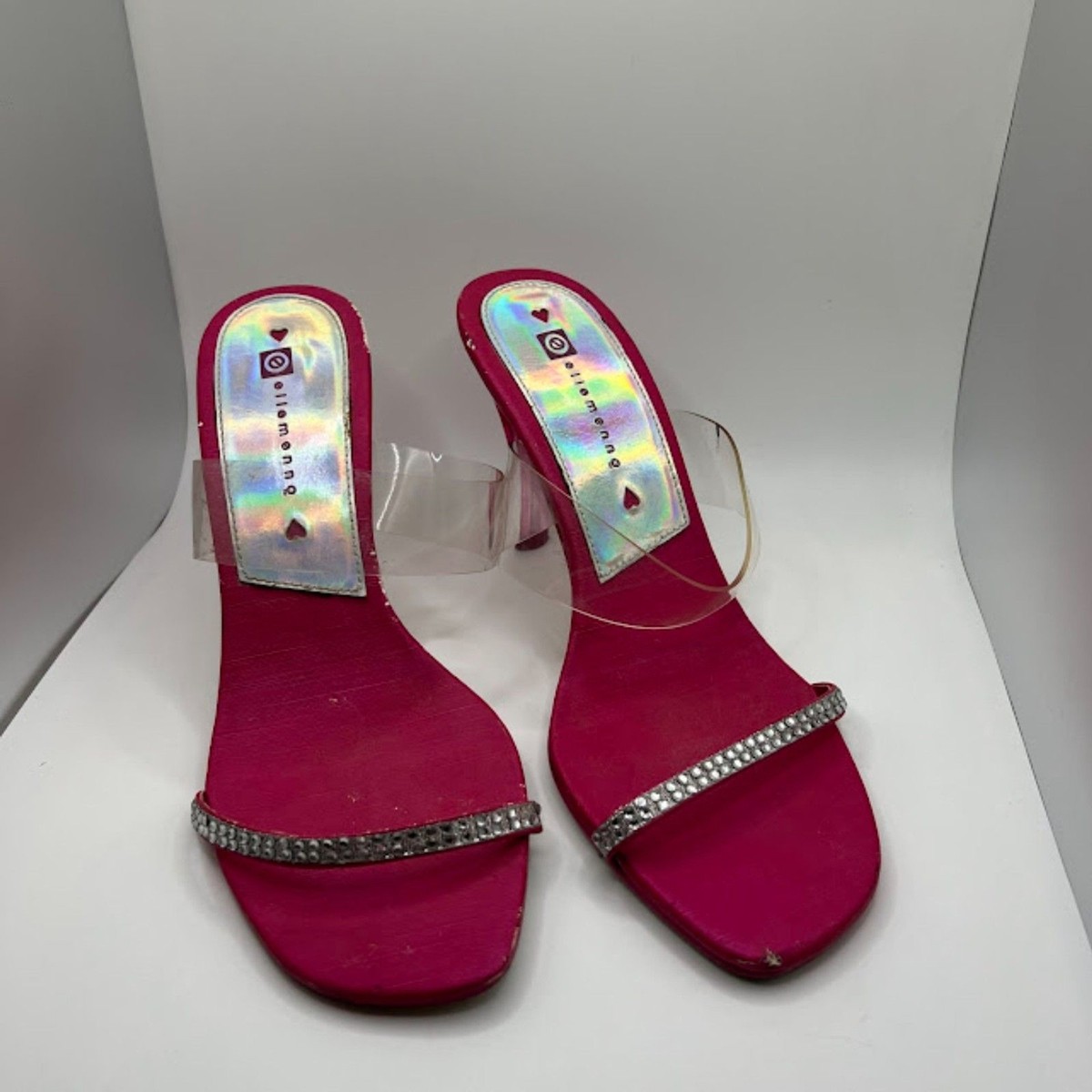 Vintage Y2K Ellemenno Hot Pink Clear Rhinestoned Kitten Heels Sz
