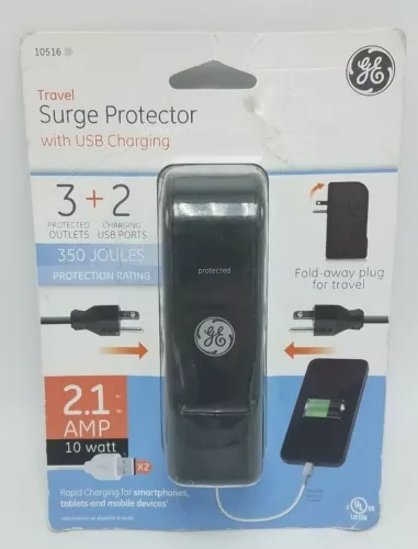 GE Travel Surge Protector with 2 USB Charging & 3 Outlets - 2.1 Amps