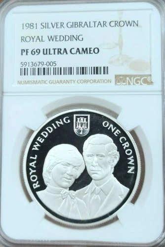 1981 GIBRALTAR SILVER 1 CROWN ROYAL WEDDING NGC PF 69 ULTRA CAMEO SCARCE TOP POP