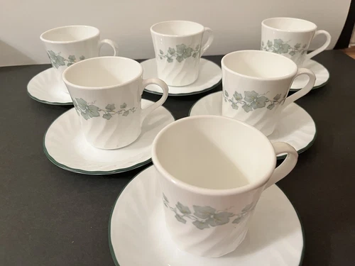 Lot of 6 Corelle Corning USA Callaway Green Ivy Swirl Coffee Cups & Saucers