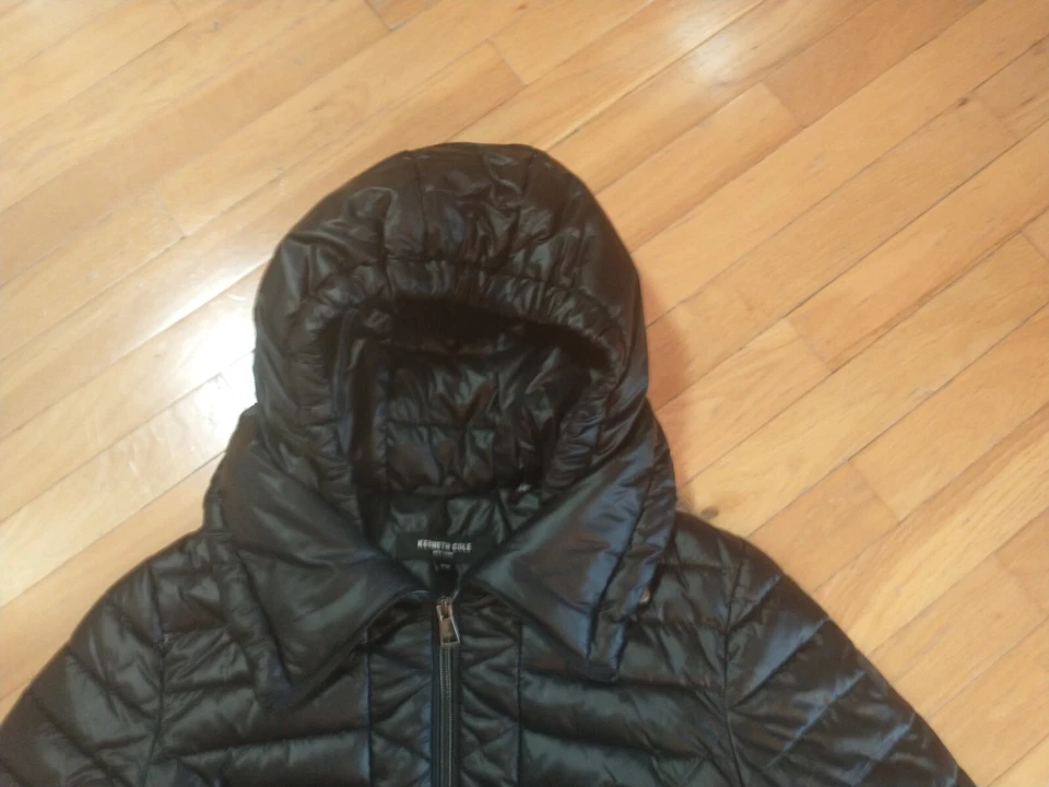 Abrigo negro largo acolchado acolchado acolchado largo con capucha para mujer Kenneth Cole talla M M Foto 4 de 4