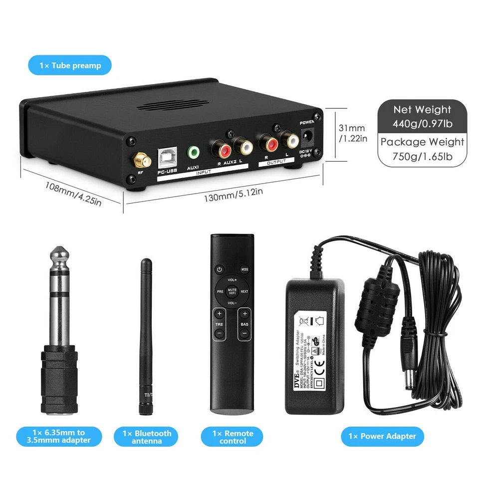 HiFi Bluetooth Vacuum Tube Preamp Stereo Receiver USB DAC Desktop Headphone Amp - Image 4 of 4