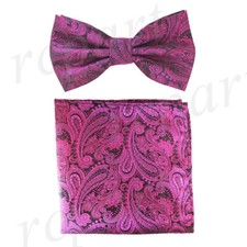 New Men micro fiber Pre-tied Bow tie  hankie hot pink paisley formal wedding