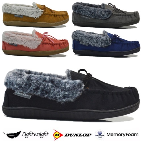 LADIES DUNLOP MEMORY FOAM SHEEPSKIN SLIPPERS WINTER WARM COMFORT MOCCASIN SHOES - Picture 2 of 29