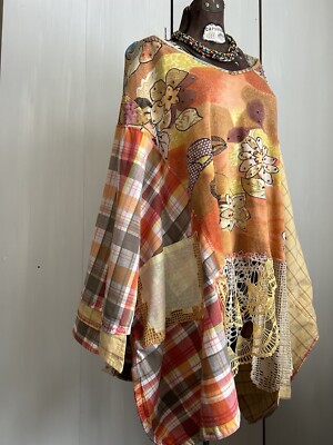 LAGENLOOK Wearable Art Tunic Women OS Hippie Boho Handmade Yellow Orange Lace