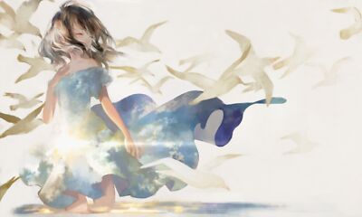 Anime Girls Clouds White Background Brunette Birds  Gaming Mat Desk 48906