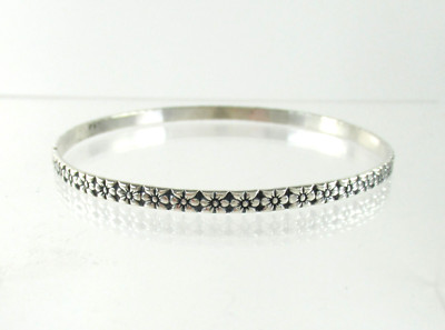 .925 Sterling Silver Bangle Bracelet Flowers Thin Antiqued 8.5''