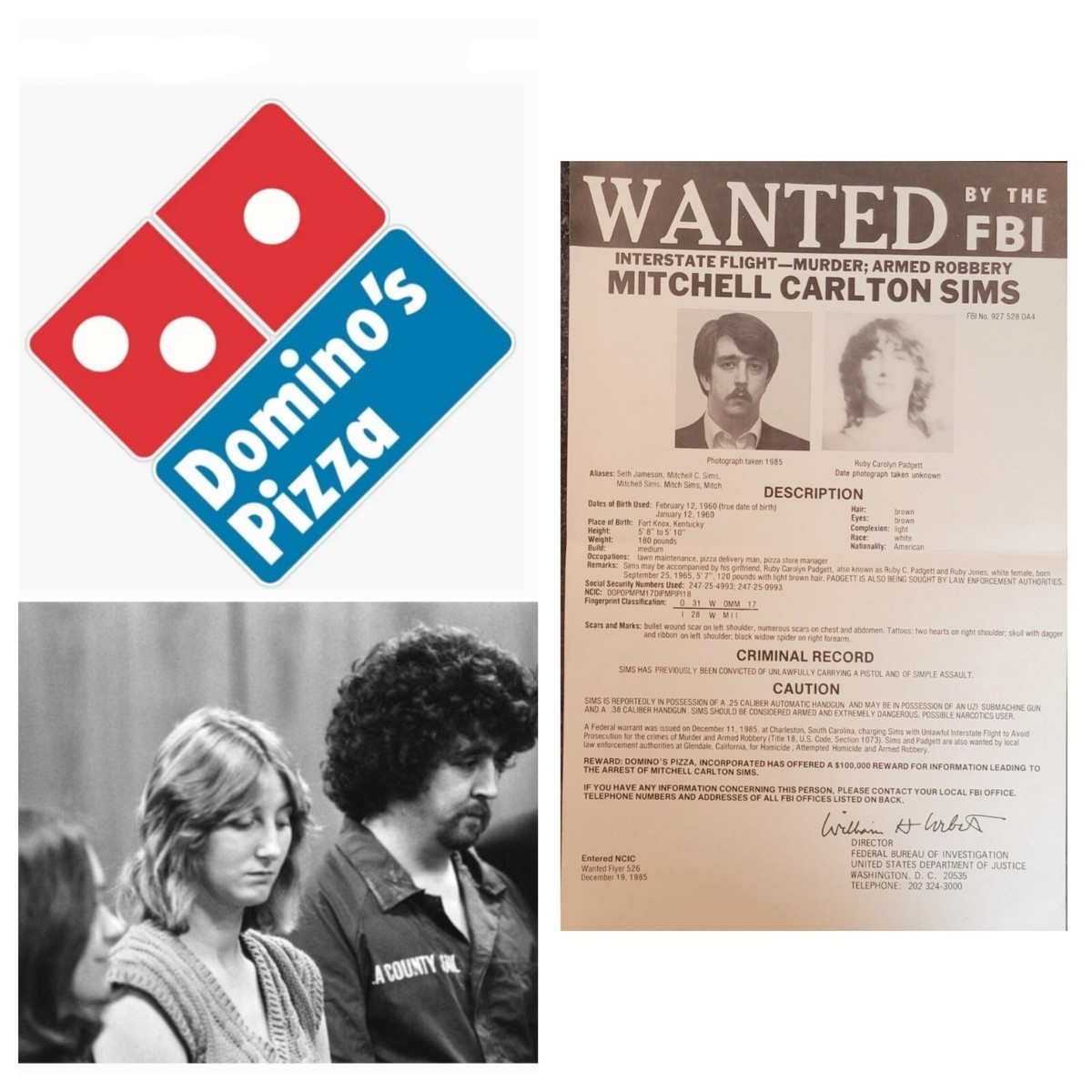 FBI WANTED POSTER FLYER NO. 526, Mitchell Sims, 1980s Domino's