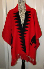 Vintage Wool Llama Alpaca Cape Red Graphic Print Womens Wrap Collared One Size