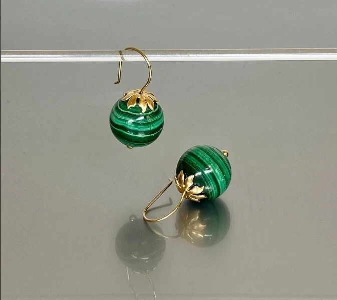 Malachite ball Earring Gold Filled Wires 925 Sterling Silver 10mm ball Earrings - image 4 of 4