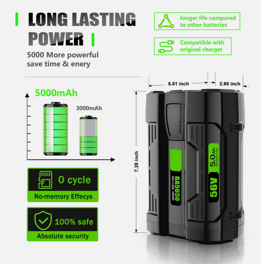 56V Battery 5.0Ah For EGO 56volt BA1400T BA4200 BA2800 Replacement Battery