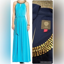 Vince Camuto Blue Studded Jewel Keyhole Neck Blouson Maxi Dress Gown 6