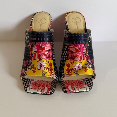 Jessica Simpson Aishia2 Mixed Print Floral Polka Dot Wedge Mules Sandals 6.5M