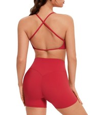 Workout Sets for Women Open Back Strappy Sports Bra Booty Biker Shorts Gym Ou...