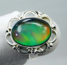 Natural 22.70 Ct Aurora Opal Ring Rainbow Fire Cabochon Oval 925 Sterling Silver