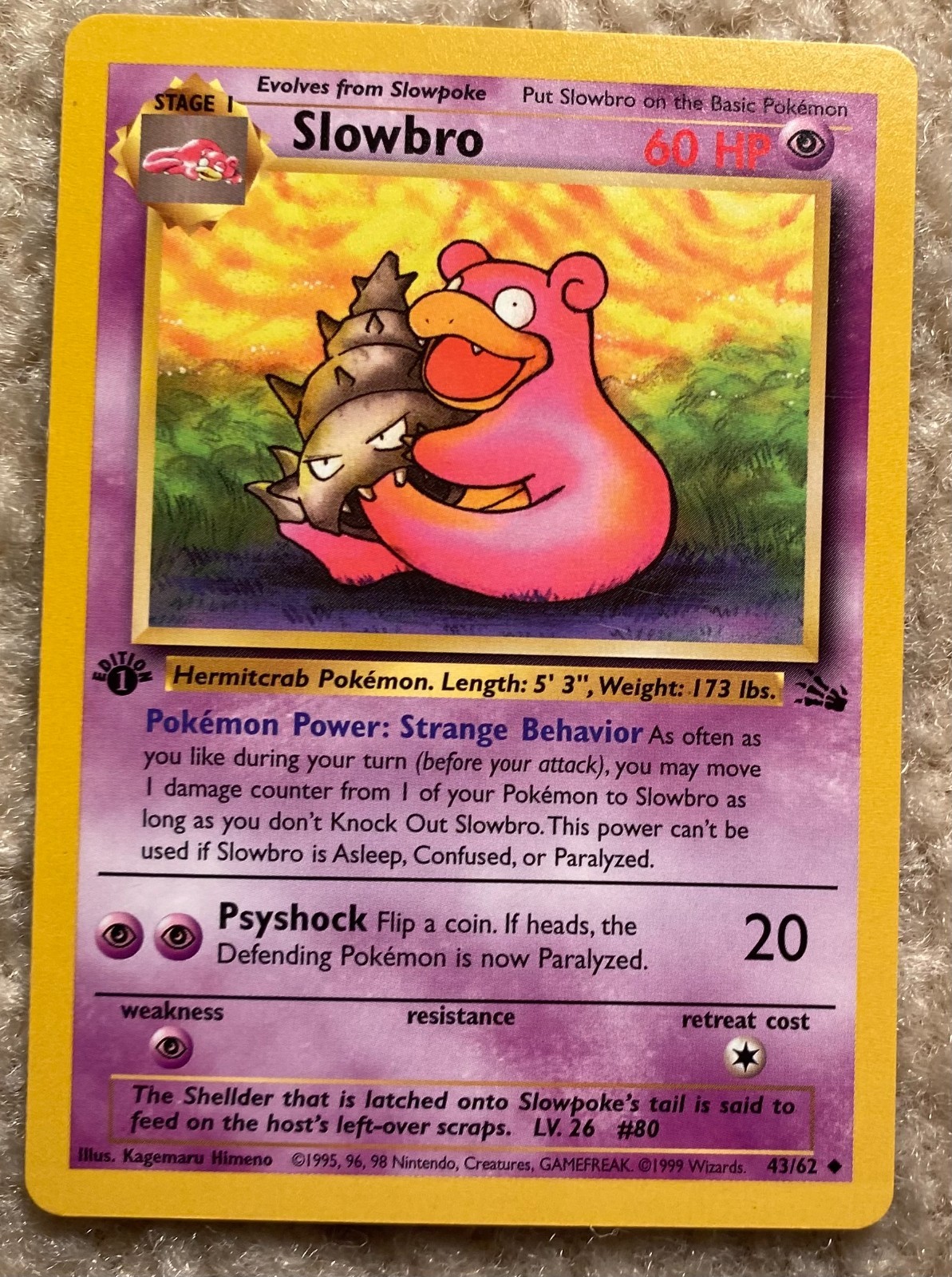 Pokemon Card 1st Edition Slowbro 43/62 Near Mint Condition 1999 Fossil Set