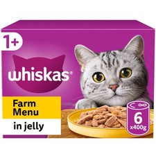24 x 400g Whiskas 1+ Adult Wet Cat Food Tins Mixed Farm Menu in Jelly 4.52 per kilo